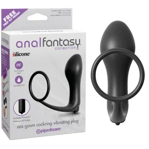 Anal Fantasy Collection Silicone Ass-Gasm Vibrating Cockring & Plug Black