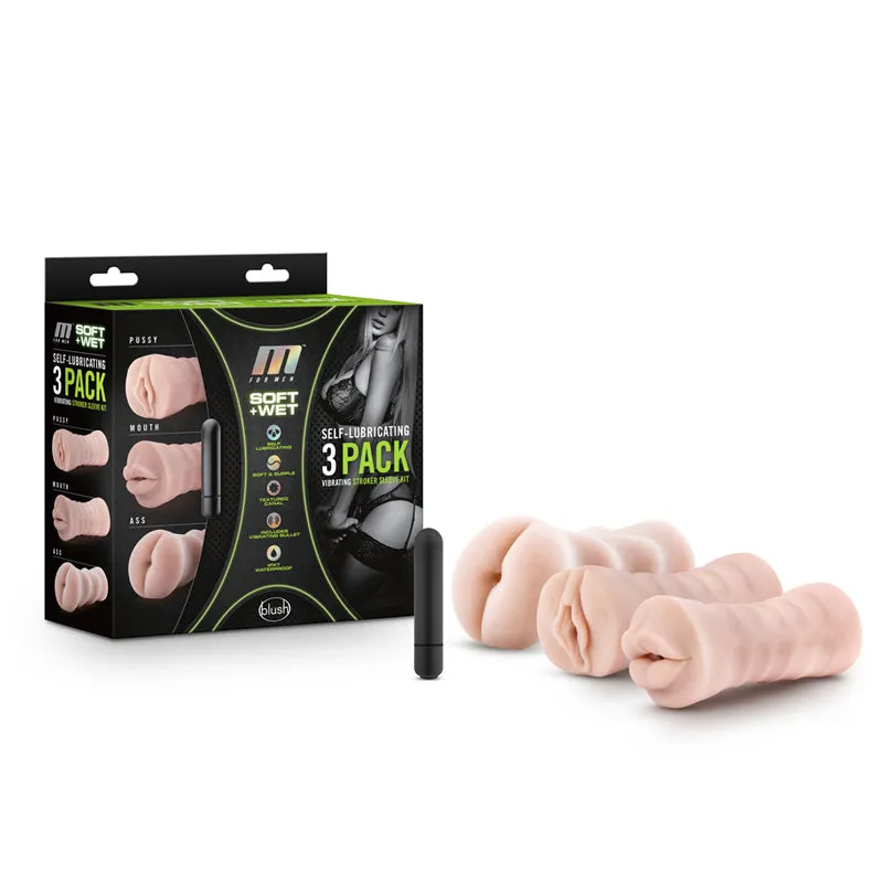 M for Men Soft   Wet Self-Lubricating 3-Pack Vibrating Stroker Sleeve Kit Beige