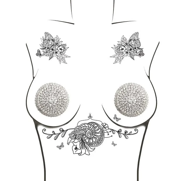 Neva Nude - Burlesque Big O Crystal Jewel Reusable Silicone Pasties Nipple Covers O/S (Silver)