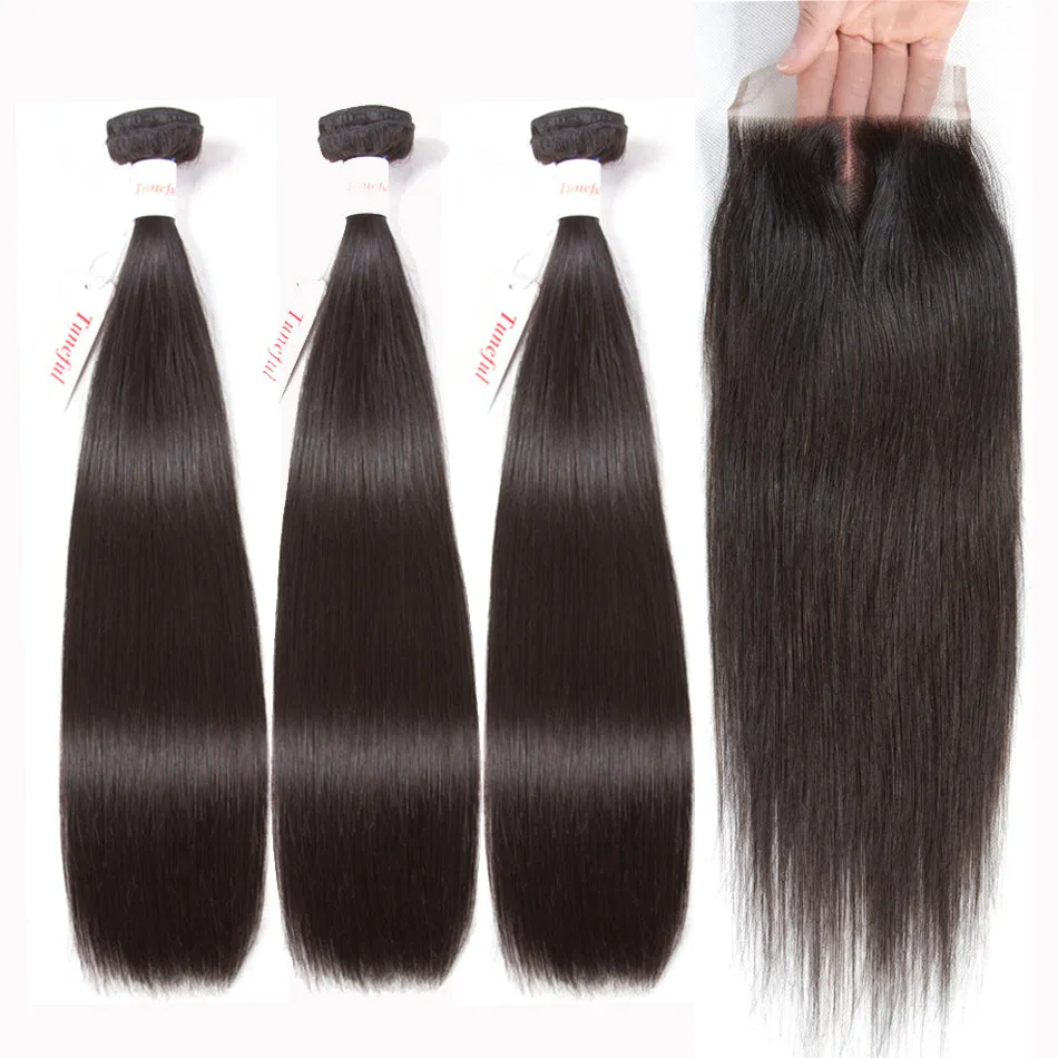 Tuneful 10A Straight Human Hair 3 Bundles With 4x4/5x5 Lace Closure 100% Remy Human Hair