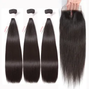 Tuneful 10A Straight Human Hair 3 Bundles With 4x4/5x5 Lace Closure 100% Remy Human Hair