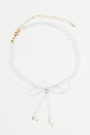 White Bow Decor Faux Pearl Beaded Necklace