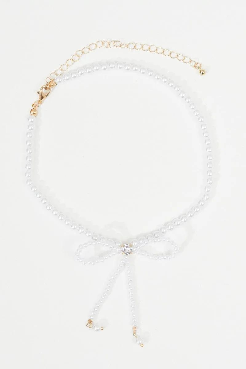 White Bow Decor Faux Pearl Beaded Necklace